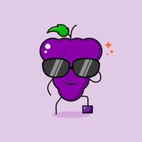 personnage de raisin mignon avec une expression souriante, des lunettes noires, une jambe levée et une main tenant des lunettes. vert et violet. adapté à l'émoticône, au logo, à la mascotte ou à l'autocollant vecteur