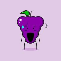 personnage de raisin mignon avec une expression choquée et la bouche ouverte. vert et violet. adapté à l'émoticône, au logo, à la mascotte ou à l'autocollant vecteur