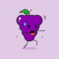 personnage de raisin mignon avec expression effrayée et course. vert et violet. adapté à l'émoticône, au logo, à la mascotte ou à l'autocollant vecteur