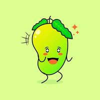 personnage de mangue mignon avec sourire et expression heureuse, deux mains serrées et des yeux pétillants. vert et orange. adapté à l'émoticône, au logo, à la mascotte et à l'icône vecteur