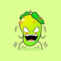 personnage de mangue mignon avec une expression très en colère. les yeux exorbités et la bouche grande ouverte. vert et orange. adapté pour émoticône, logo, mascotte vecteur