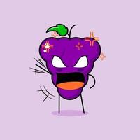 personnage de raisin mignon avec une expression de colère. vert et violet. adapté à l'émoticône, au logo, à la mascotte. une main levée, les yeux exorbités et la bouche grande ouverte vecteur