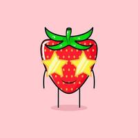 personnage de fraise mignon avec une expression de sourire et des lunettes d'étoiles. vert et rouge. adapté à l'émoticône, au logo, à la mascotte ou à l'autocollant vecteur