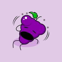 personnage de raisin mignon avec une expression vertigineuse, la bouche ouverte, asseyez-vous et une main sur la tête. vert et violet. adapté à l'émoticône, au logo, à la mascotte et à l'icône vecteur