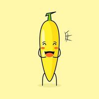 personnage de banane mignon avec sourire et expression heureuse, fermer les yeux et la bouche ouverte. vert et jaune. adapté à l'émoticône, au logo, à la mascotte et à l'icône vecteur