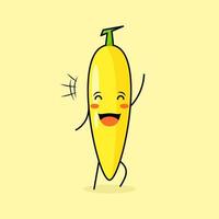 personnage de banane mignon avec sourire et expression heureuse, fermez les yeux et une main levée. vert et jaune. adapté à l'émoticône, au logo, à la mascotte et à l'icône vecteur