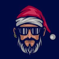 funky santa claus logo vector line néon art potrait design coloré avec fond sombre. illustration graphique abstraite. fond noir isolé pour t-shirt, affiche, vêtements, merch