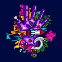 main doodle graffiti art potrait logo design coloré avec un fond sombre. illustration vectorielle abstraite. fond noir isolé pour le t-shirt, l'affiche, les vêtements, le merch, l'habillement, la conception de badges. vecteur