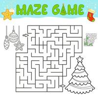 jeu de puzzle de labyrinthe de noël pour les enfants. contour labyrinthe ou jeu de labyrinthe avec arbre de noël et décorations. vecteur