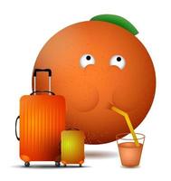 orange bronzée attendant un avion à l'aéroport et boit du jus d'orange à travers une paille de verre. vacances d'été en mer. vecteur en style cartoon