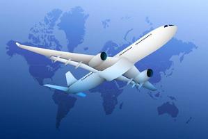 avion, avion de ligne réaliste sur fond de continents et de continents du globe. voyages et vols internationaux. tourisme. vecteur de couleur