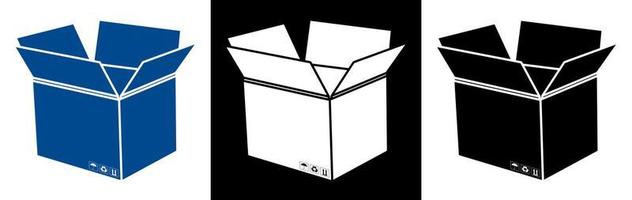 boîte en carton ouverte vide avec panneaux de conditions de stockage. livraison et transport de marchandises depuis les magasins. icône pour le site Web. vecteur noir et blanc