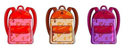 ensemble de sacs à dos d'école pour filles avec ornement de fournitures scolaires. vue de face. 1er septembre, début des études. accessoires d'étudiant de vecteur sur fond blanc