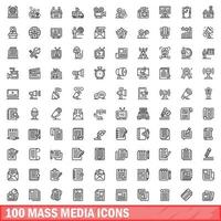 Ensemble de 100 icônes de médias de masse, style de contour vecteur