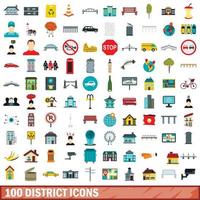 Ensemble de 100 icônes de district, style plat