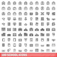 Ensemble de 100 icônes d'école, style de contour vecteur