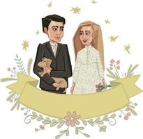 couple de mariage avec bannière et haute illustration. vecteur