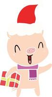 illustration de couleur plate heureuse d'un cochon avec cadeau de noël portant un bonnet de noel vecteur