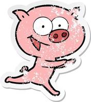 autocollant en détresse d'un dessin animé de cochon joyeux vecteur