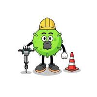 caricature de personnage de virus travaillant sur la construction de routes vecteur