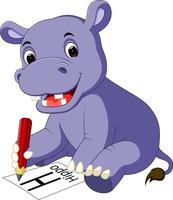 dessin animé mignon hippopotame tenant un crayon vecteur