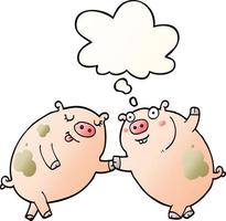 cochons de dessin animé dansant et bulle de pensée dans un style de dégradé lisse vecteur