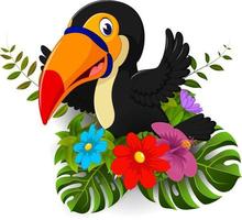 toucan de dessin animé avec fleur tropicale et fond de congé vecteur