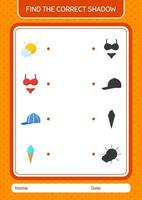 trouvez le bon jeu d'ombres avec l'icône de l'été. feuille de travail pour les enfants d'âge préscolaire, feuille d'activité pour enfants vecteur