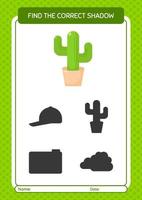 trouver le bon jeu d'ombres avec cactus. feuille de travail pour les enfants d'âge préscolaire, feuille d'activité pour enfants vecteur
