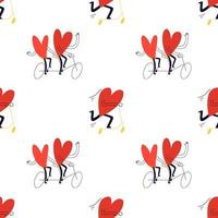 modèle sans couture avec des coeurs. de jolis couples de dessins animés font du vélo double et un grand coeur sur un scooter. illustration de stock de vecteur dans le style de dessin animé sur un fond blanc.