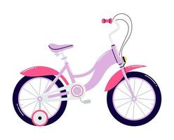 vélo à quatre roues pour enfants avec frein à main. vélo violet dessin animé avec ailes roses et roues amovibles. vecteur d'illustration de véhicule pour enfants isolé sur fond blanc.