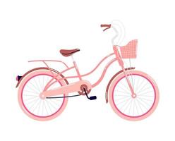 vélo rose avec panier et coffre. un vélo avec un frein à main et une chaîne à moitié cachée. vecteur d'illustration de véhicule mobile avec pneus roses pneus isolés sur fond blanc.