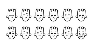 ensemble d'emoji de griffonnage. illustrations vectorielles noir sur blanc de différentes émotions. têtes émotionnelles aux visages sombres, indifférents et perplexes sur fond blanc. vecteur