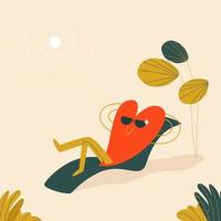 un coeur rouge en lunettes de soleil se trouve sur une chaise longue sous un palmier et un soleil blanc. un personnage mignon en forme de cœur se repose sur une plage de sable clair. illustration vectorielle en style cartoon. vecteur