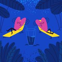 deux coeurs roses se trouvent sur des chaises longues jaunes et boivent dans un verre entouré de palmiers la nuit. les personnages amoureux en forme de cœur profitent de leurs vacances ensemble. illustration vectorielle de griffonnage.