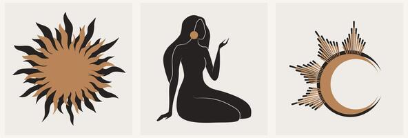 logo de mains féminines mystiques dans un style linéaire minimal. création de logo vectoriel. modèles avec divers gestes de la main, lune, étoiles et cristaux. pour les cosmétiques, la beauté, le tatouage, le spa, la manucure, la bijouterie vecteur