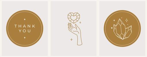 un ensemble de logos de main féminine en cristal dans un style linéaire minimal. modèle de logo mystique de cristaux de soleil et de lune vecteur