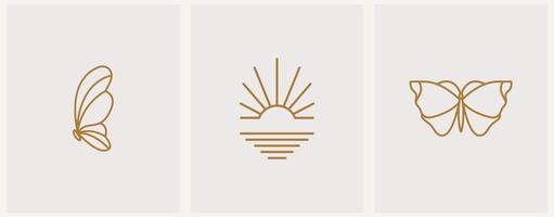 modèle de logo d'été abstrait avec coucher de soleil et papillons. ensemble minimal moderne d'icônes et d'emblèmes linéaires pour les médias sociaux, la location d'hébergement et les services de voyage. vecteur
