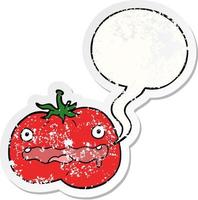 autocollant en détresse de tomate de dessin animé et de bulle de dialogue vecteur