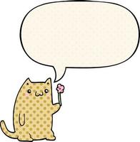chat de dessin animé mignon et fleur et bulle de dialogue dans le style de la bande dessinée vecteur