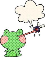 grenouille de dessin animé mignon attrapant la mouche et la langue et la bulle de dialogue dans le style de la bande dessinée vecteur