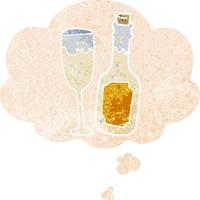bouteille de champagne de dessin animé et verre et bulle de pensée dans un style texturé rétro vecteur