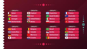 ensemble de groupes et de drapeaux du football mondial 2022. drapeaux des pays participant au championnat du monde 2022. illustration vectorielle vecteur