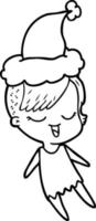 heureux dessin au trait d'une fille portant un bonnet de noel vecteur