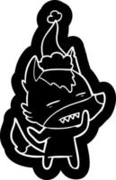 icône de dessin animé d'un loup montrant des dents portant un bonnet de noel vecteur