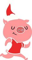 illustration de couleur plate heureuse d'un cochon courant portant un bonnet de noel vecteur