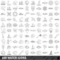 Ensemble de 100 icônes d'eau, style de contour vecteur