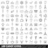Ensemble de 100 icônes de bonbons, style de contour vecteur