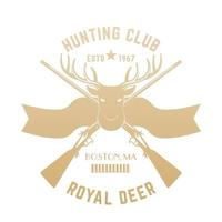 logo de chasse, emblème vintage avec tête de cerf et fusils de chasse, or sur blanc vecteur