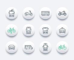 ensemble d'icônes de transport urbain, fourgon de transport en commun, métro, bus, voiture de taxi, train, tram, vélos, style linéaire vecteur